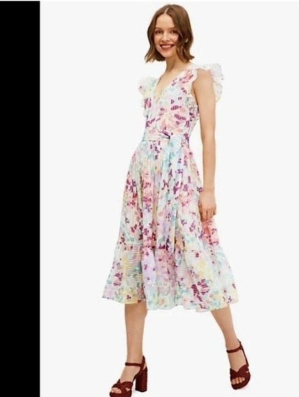 Kate Spade Painted Petals Burnout Dress Pleated Midi Ruffle Sleeve Tie‎ Waist 6